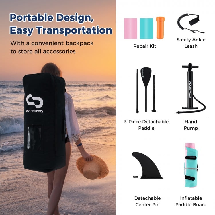 Inflatable stand-up paddle board with adjustable paddle, fins, and backpack for easy transportation and storage.