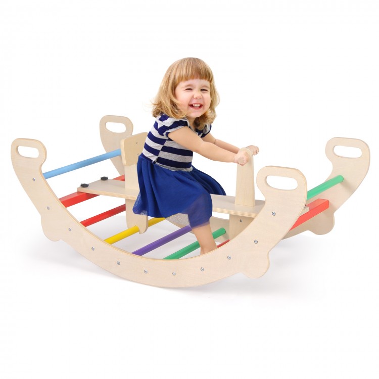 Multicolor 4-in-1 multifunctional wooden climbing toy with rocker, featuring a supportive backrest for safe play.