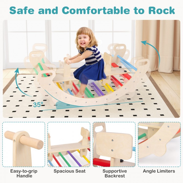 Multicolor 4-in-1 multifunctional wooden climbing toy with supportive backrest and easy-to-grip handle for safe play.