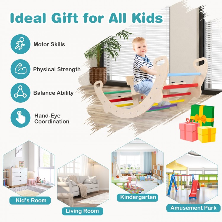 Multicolor 4-in-1 wooden climbing toy with rocker and crawling tunnel, promoting balance and motor skills for kids.
