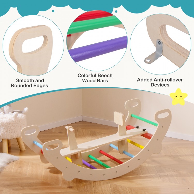Multicolor 4-in-1 wooden climbing toy with smooth edges, anti-rollover devices, and a supportive backrest for safe play.