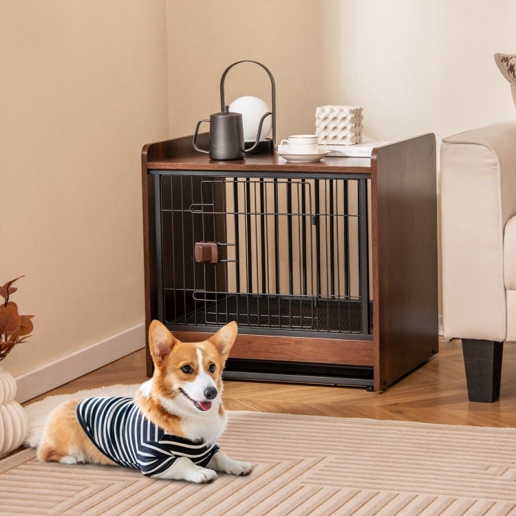 Indoor dog crate with removable tray, lockable door, and rustic wood-like finish, serving as an end table.