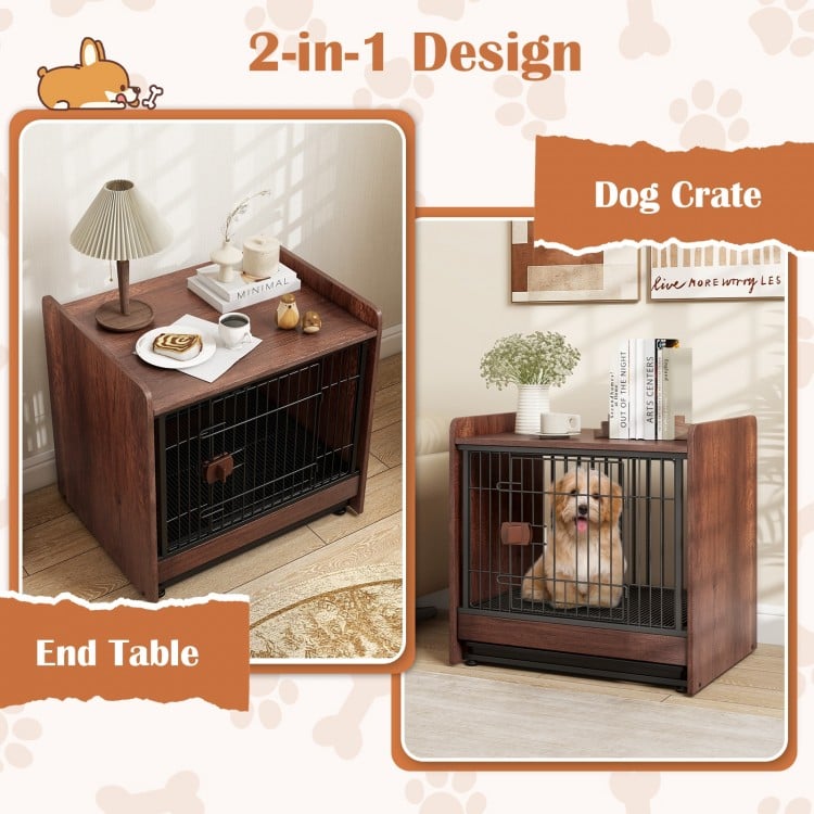 Dog crate and end table combo with lockable door, removable tray, and rustic wood-like finish for indoor use.