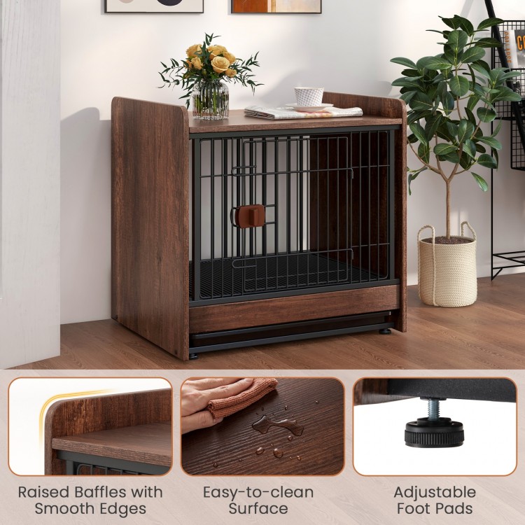 Side view of the indoor dog crate with a lockable door and adjustable foot pads, showcasing its rustic wood-like finish.