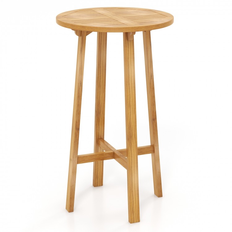 24-inch round bar table made of Indonesian teak wood with footrest, ideal for indoor and outdoor use.