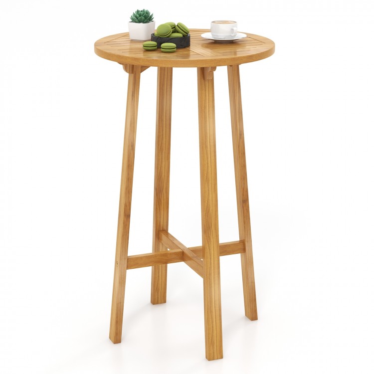 Teak wood round bar table with footrest, 24 inches, ideal for indoor and outdoor use, perfect for decks and poolside.