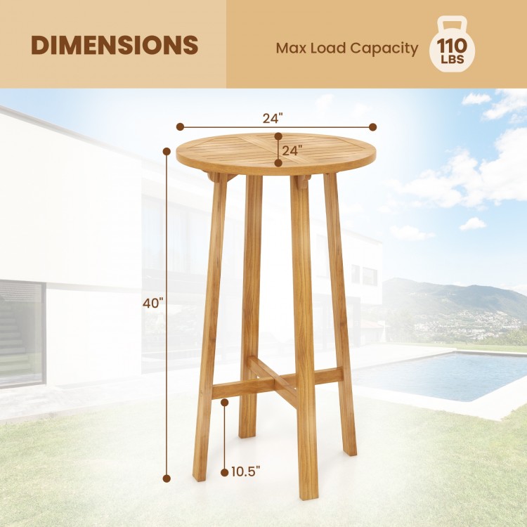 Teak wood round bar table with footrest, 24 inches wide, 40 inches tall, ideal for indoor and outdoor use.