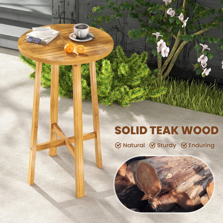 24-inch round bar table made of solid teak wood with footrest, ideal for indoor and outdoor use.
