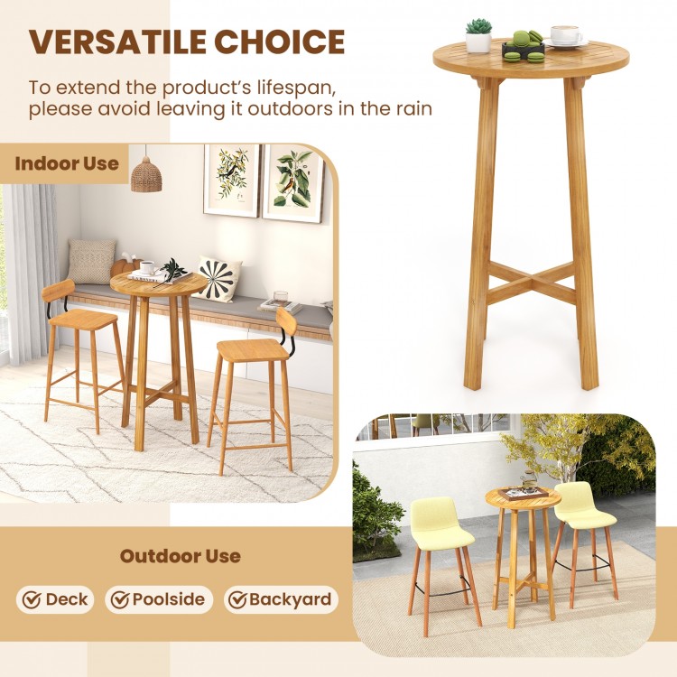 24-inch teak wood round bar table with footrest, ideal for indoor and outdoor use on decks, poolside, or backyards.