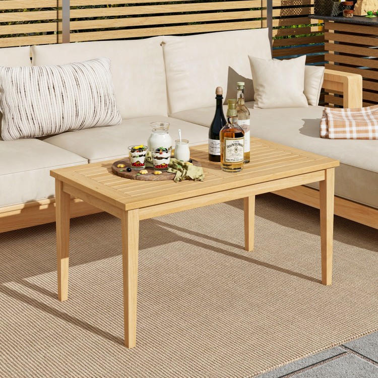 Teak wood coffee table with slatted tabletop, perfect for outdoor balcony use, featuring a spacious design and sturdy.