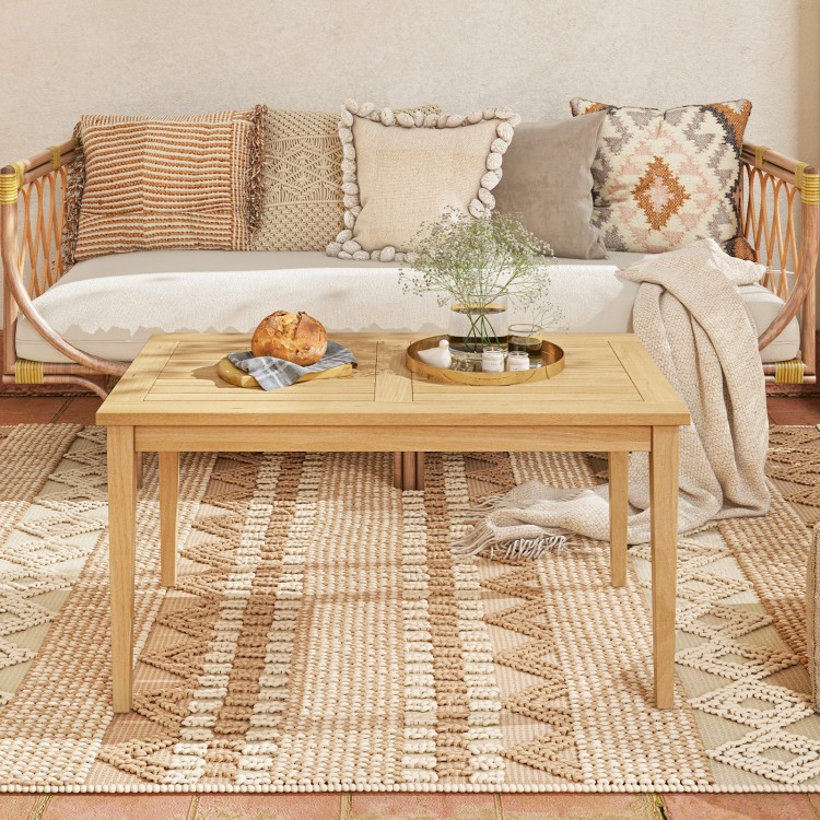 Teak wood coffee table with slatted tabletop, 20x35.5 inches, perfect for indoor and outdoor use on the balcony.