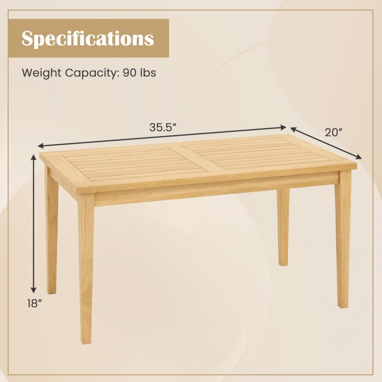 Teak wood coffee table with slatted tabletop, measuring 20x35.5 inches, ideal for balcony use and easy drainage.
