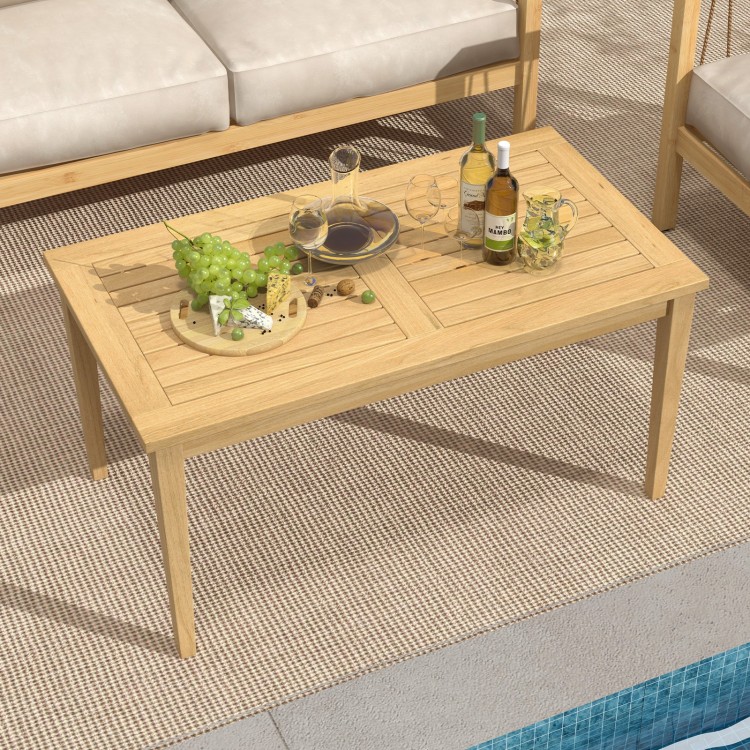 Spacious outdoor teak wood coffee table with slatted design, featuring a smooth surface and durable construction, ideal.