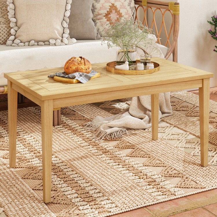 Outdoor teak wood coffee table with slatted tabletop, 20"x35.5", perfect for balcony use and easy cleaning.