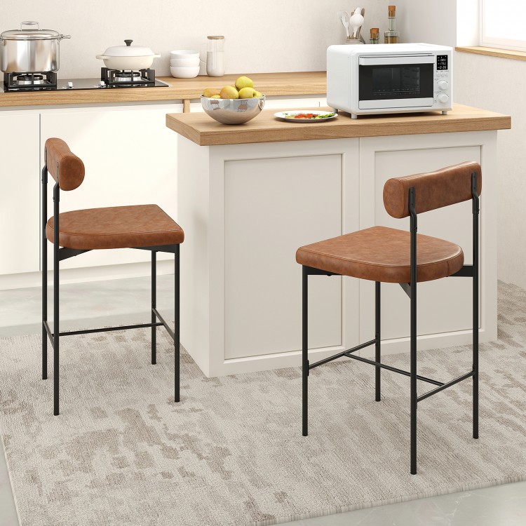 Set of 2 brown upholstered bar stools with backrest, featuring a sturdy metal frame for kitchen or dining use.