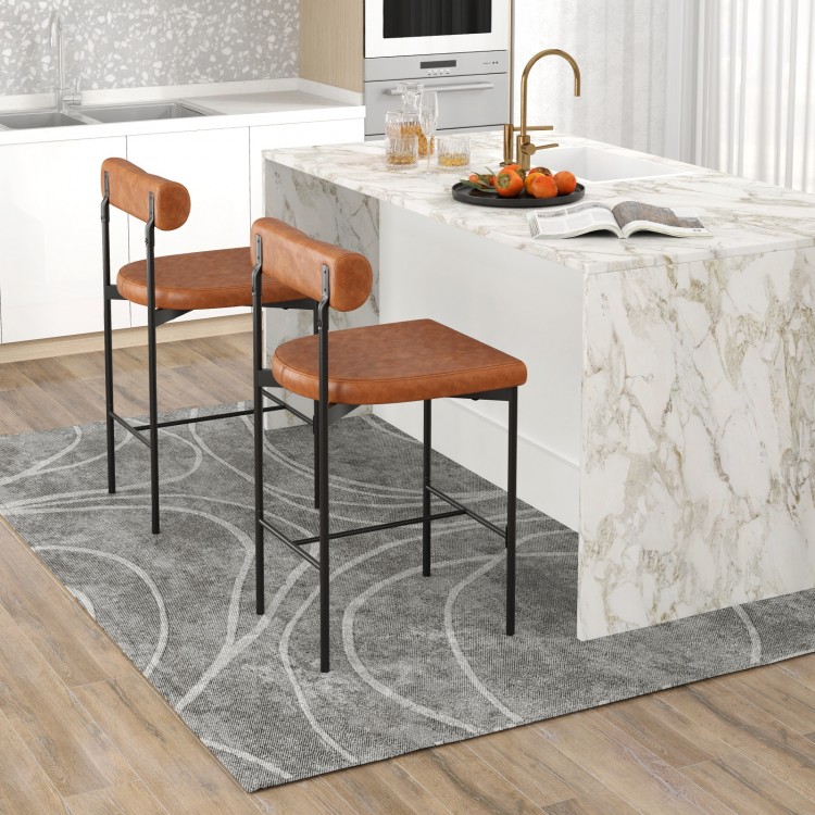 Set of 2 brown upholstered bar stools with backrest, featuring a sturdy metal frame and cozy padded seats for kitchen.