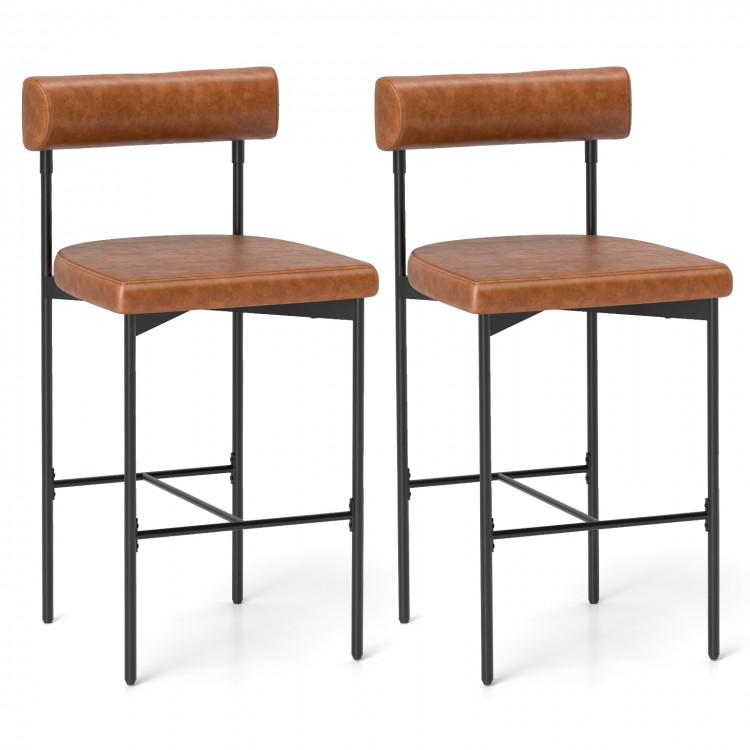 Set of 2 brown upholstered bar stools with backrest, featuring a sturdy metal frame and cozy sponge padded seats for.