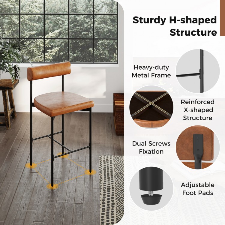Upholstered bar stool with backrest in brown, featuring a heavy-duty metal frame and adjustable foot pads for stability.