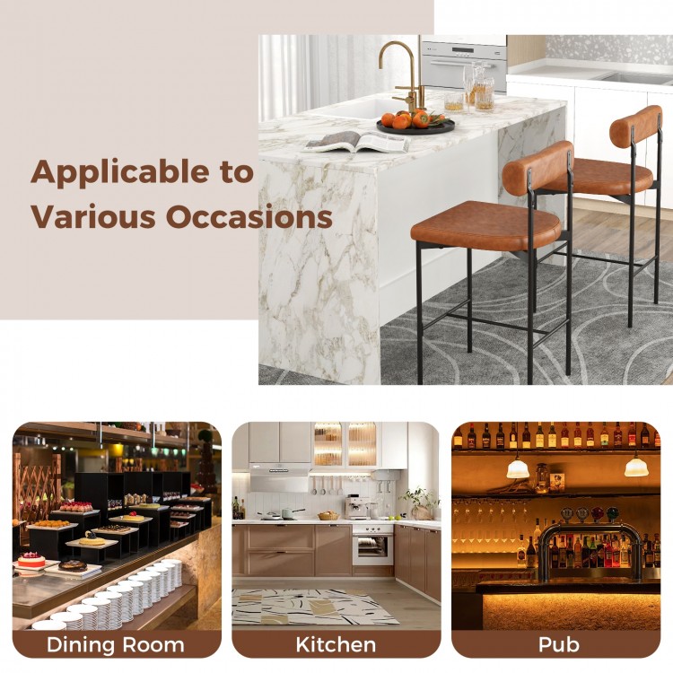 26-inch brown upholstered bar stools set of 2 with backrest, ideal for dining rooms, kitchens, and pubs.