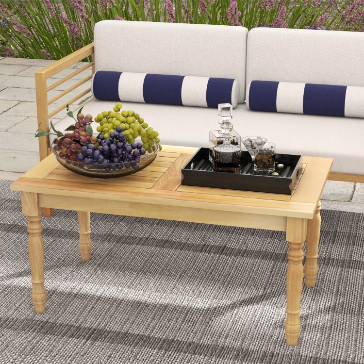 Patio coffee table with solid teak wood structure and slatted tabletop, perfect for indoor and outdoor use.