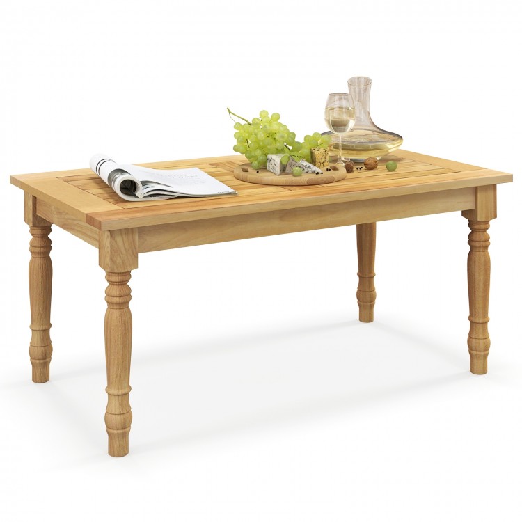 Patio coffee table crafted from natural teak wood with a smooth finish, ideal for enhancing any living space indoors or.