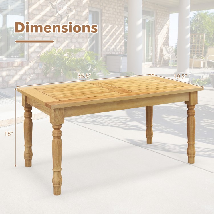 Patio coffee table with solid teak wood structure, slatted tabletop, and dimensions 35.5" x 19.5" x 18" for versatile.