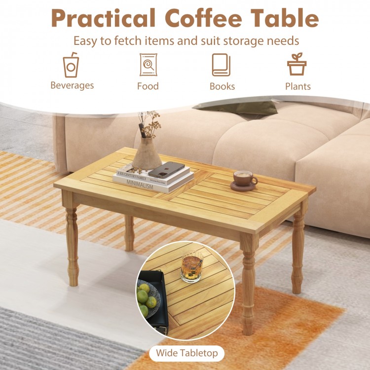 Patio coffee table with solid teak wood and slatted tabletop, ideal for indoor and outdoor use.