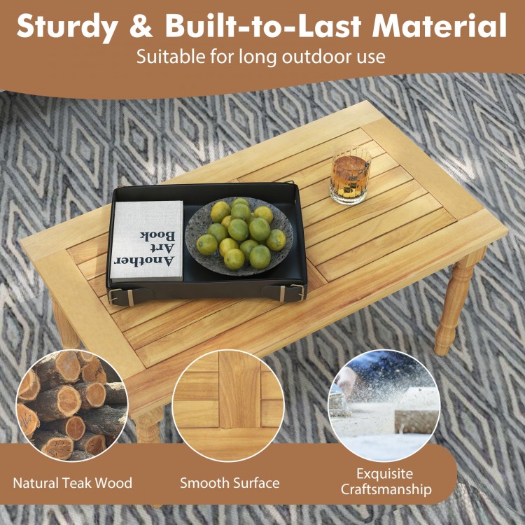 Patio coffee table featuring a solid teak wood structure and slatted tabletop, ideal for indoor and outdoor use.