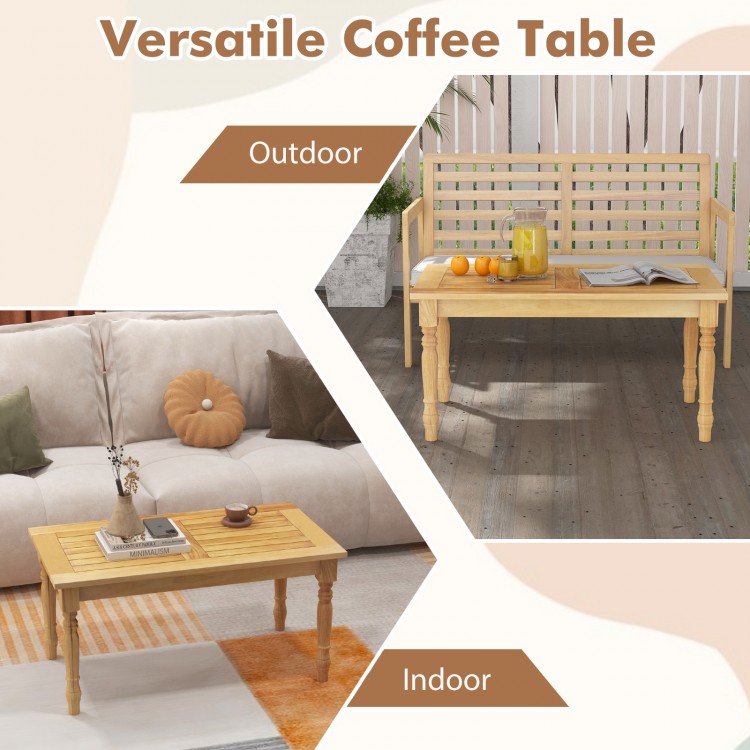 Patio coffee table with solid teak wood structure, slatted tabletop, suitable for indoor and outdoor use.