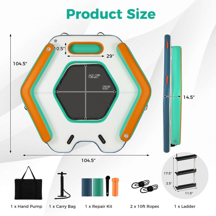 Inflatable floating dock with dimensions 8.7 ft, featuring a detachable ladder and mesh lounge for up to 3 people.