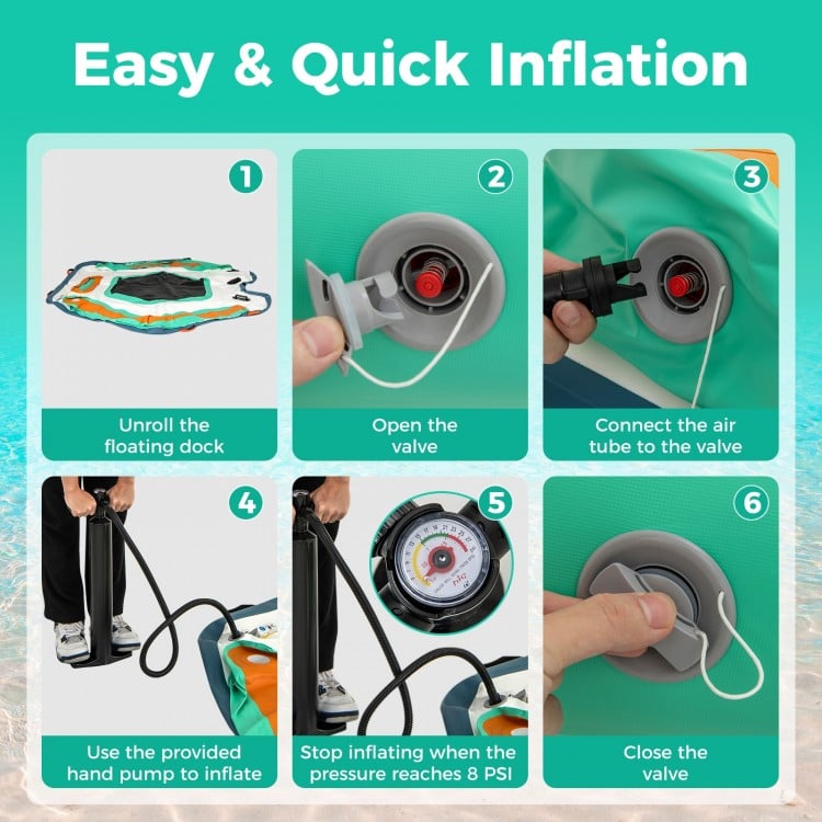 Inflation process of the 8.7 ft inflatable floating dock with hand pump, featuring a valve and pressure gauge for easy.