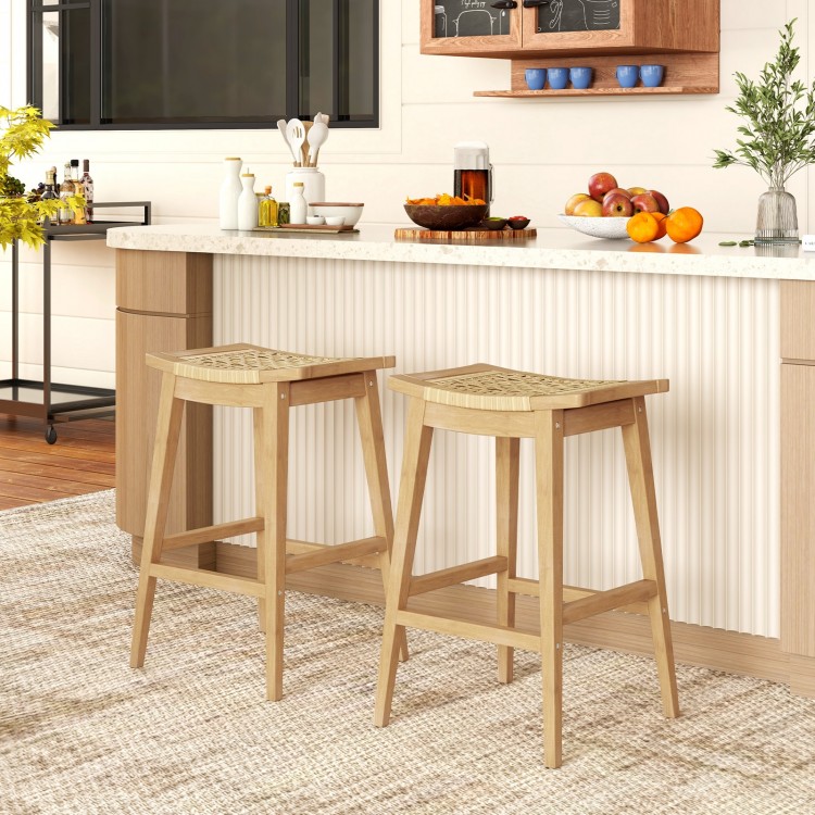 29-inch patio barstools made of Indonesian teak wood and hand-woven PE rattan, ideal for indoor or outdoor use.