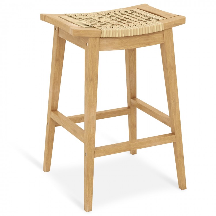 29-inch patio barstool made of Indonesian teak wood with hand-woven PE rattan, perfect for indoor or outdoor use.