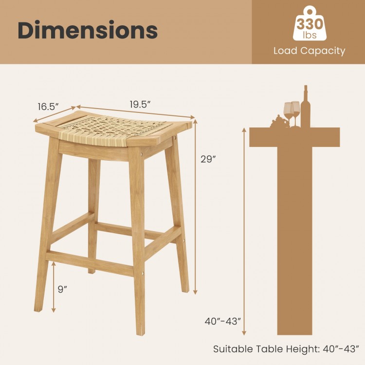 29-inch patio rattan barstool with footrest, made of teak wood and hand-woven PE rattan, ideal for outdoor and indoor.