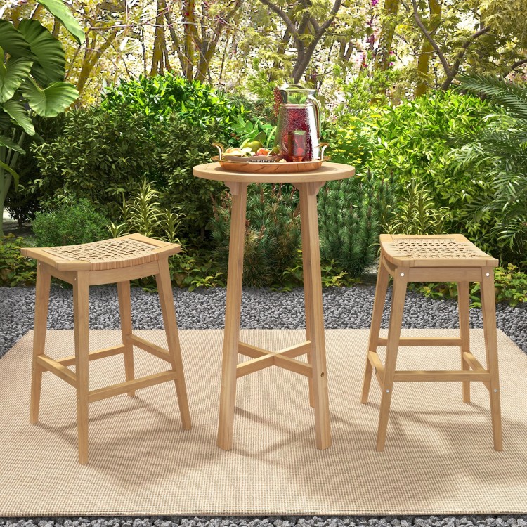 29-inch patio barstool set featuring sturdy Indonesian teak wood and hand-woven PE rattan, ideal for outdoor or indoor.