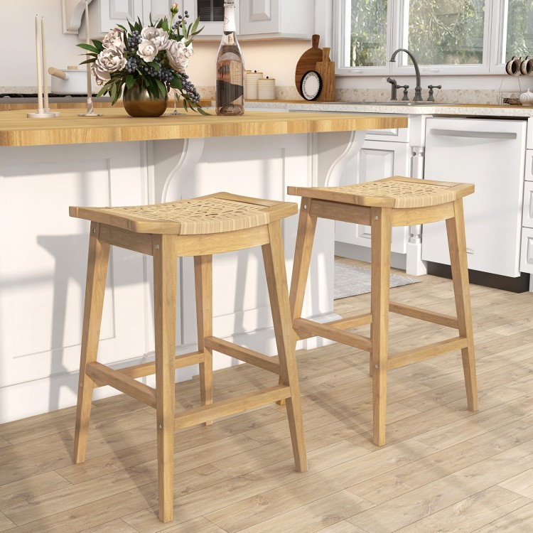 Two 29-inch patio barstools made of Indonesian teak wood and hand-woven PE rattan, perfect for indoor or outdoor use.