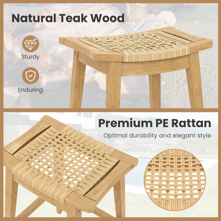 29-inch patio barstool featuring a saddle seat, made of natural teak wood and hand-woven PE rattan for indoor and.