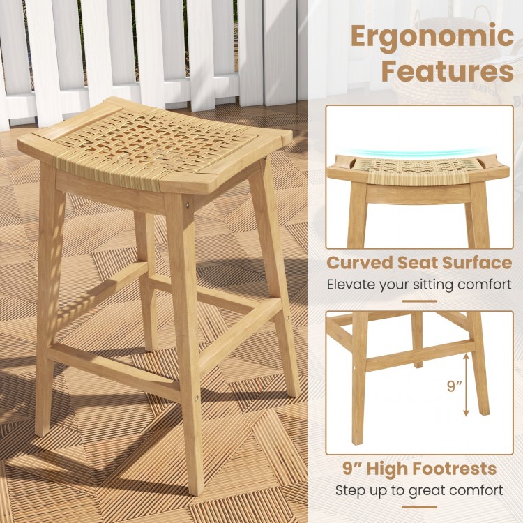 29-inch patio barstool featuring a curved seat, sturdy Indonesian teak wood, and 9" high footrests for enhanced comfort.