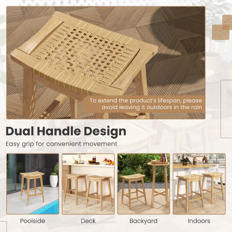 29-inch patio rattan barstool with footrest and saddle seat, made of teak wood and PE rattan, ideal for indoor and.