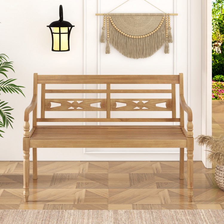 Teak wood patio bench with wide backrest and curved armrests, perfect for outdoor relaxation and seating two people.