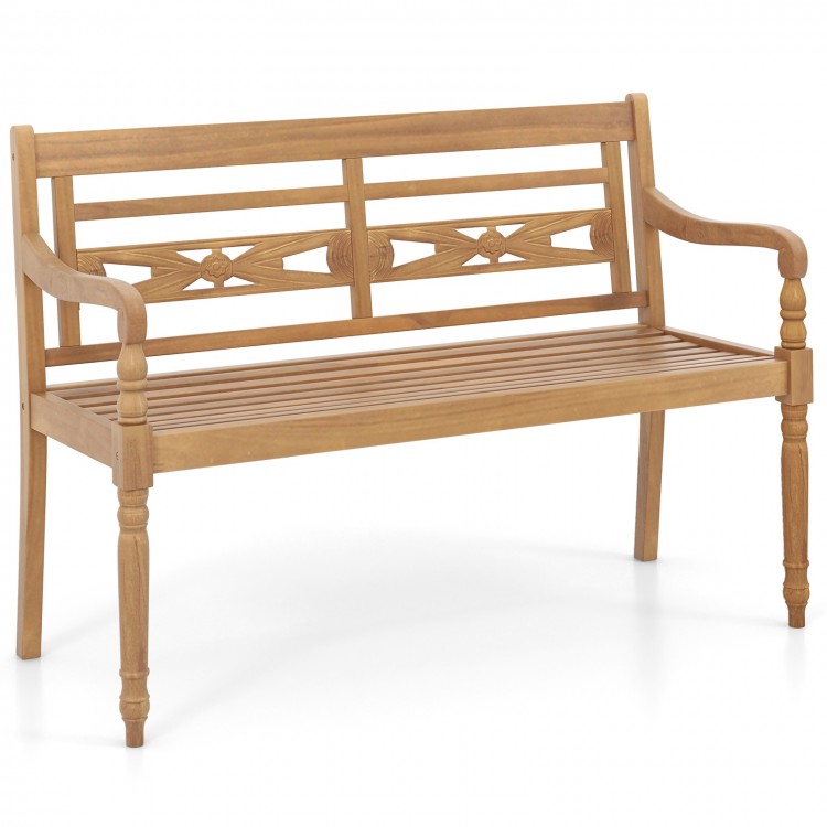 Teak wood patio bench with wide backrest and curved armrests, comfortably seating 2 people for outdoor relaxation.