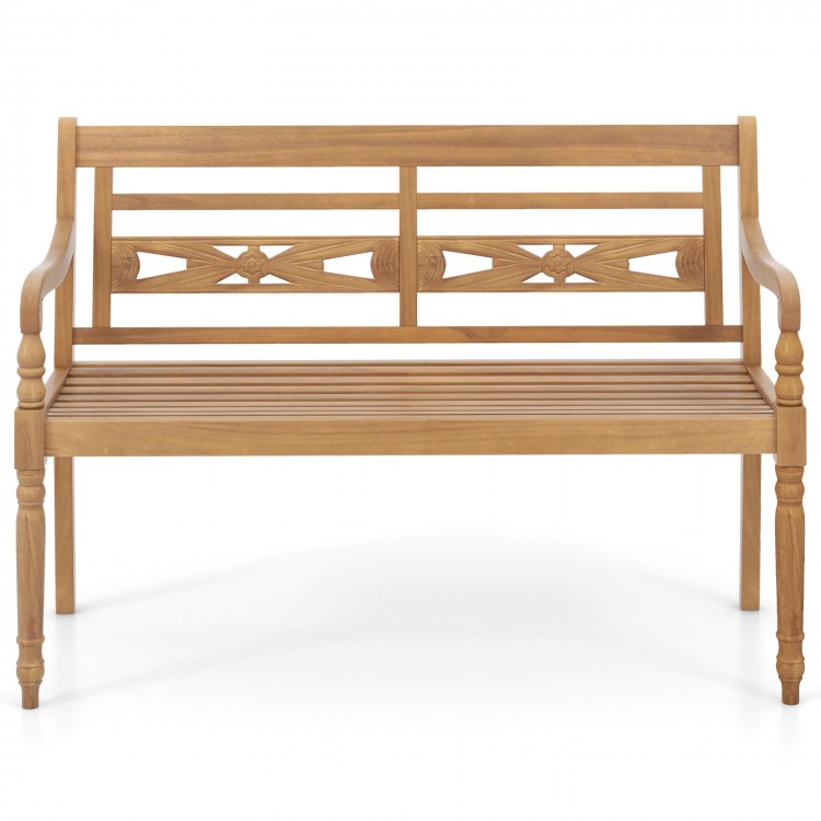 Front view of the 2-person teak wood patio bench featuring a spacious seating area and elegant curved armrests for.