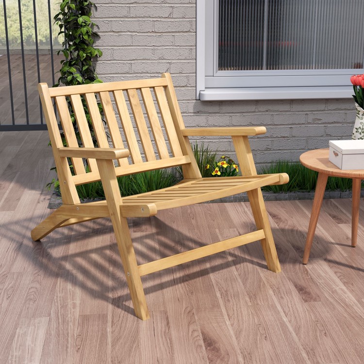 Teak wood outdoor reclining chair with armrests, featuring a comfortable backrest, perfect for patios and backyards.