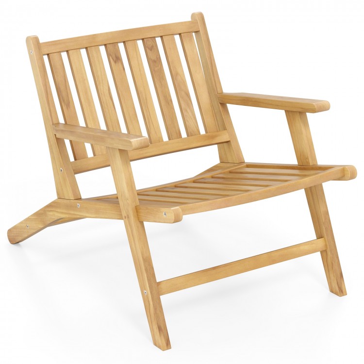 Teak wood outdoor reclining chair featuring a comfortable backrest and armrests, perfect for patios and backyards.