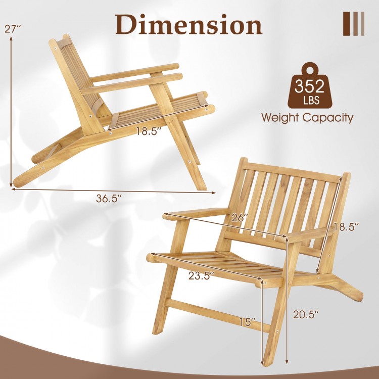 Teak wood outdoor reclining chair dimensions with comfortable backrest and armrests, supports up to 352 lbs for patio.