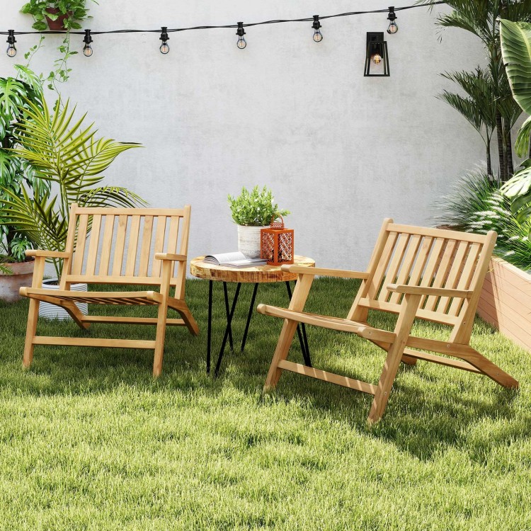 Teak wood outdoor reclining chairs with armrests, featuring a mid-century design, perfect for patios and backyards.