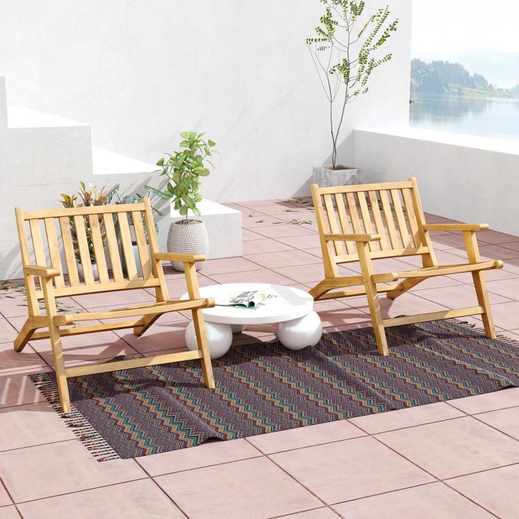 Teak wood outdoor reclining chairs with comfortable backrest and armrests, perfect for patios and backyards.