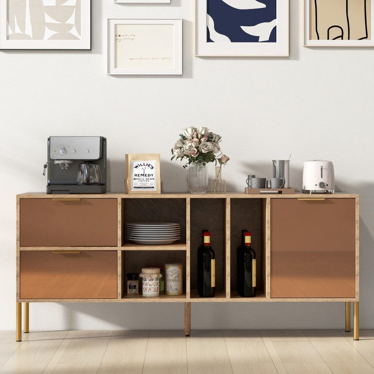 Mirrored buffet cabinet with 2 drawers and 1 door, featuring open compartments for elegant storage in living room.