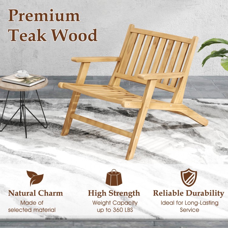 Teak wood outdoor reclining chair featuring a comfortable backrest and armrests, ideal for patios and backyards.