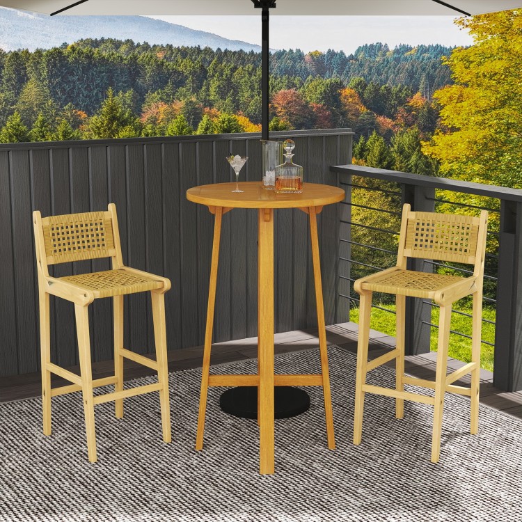 Teak wood bar stools with rattan backrest, perfect for outdoor patios or bar tables, showcasing natural wood finish.